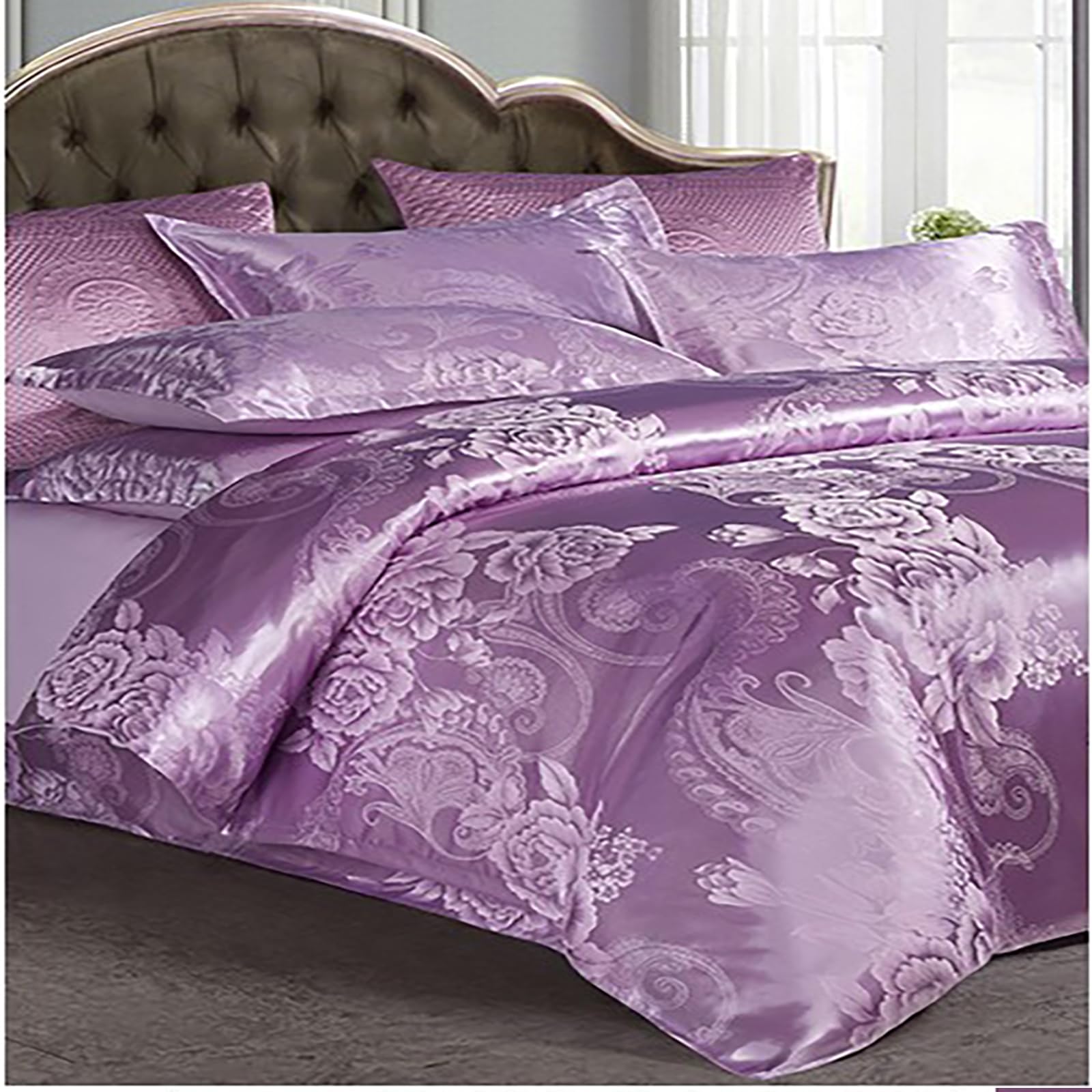 E-yimeng Double Bedding Set Silk Satin Duvet Cover Sets Bohemian Bed Cover with 2 Pillowcases Zipper Luxury Reversible Hotel Quality Easy Care Super Soft Bedding Collections Purple 200x200 cm - Image 2