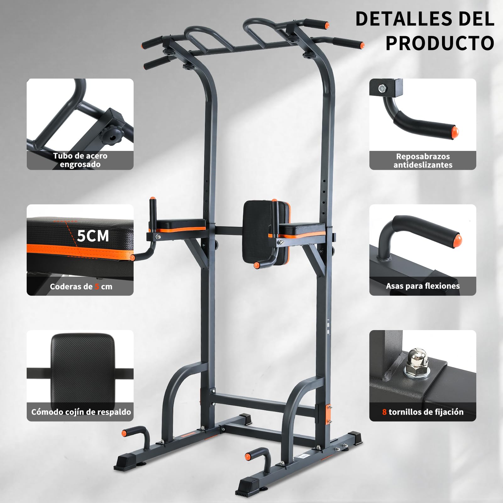 ISE Power Tower - Barra de tracción para silla romana de altura ajustable, multifunción, dips abdominales, estación de musculación para entrenamiento en casa, reposabrazos, fitness, 130 kg