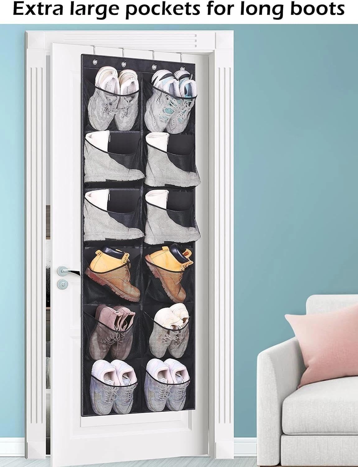 for Boots Hanging Shoe Organizer, 12 Extra Large mesh Pockets, Over Door Shoe Rack, Compatibility with Boots.