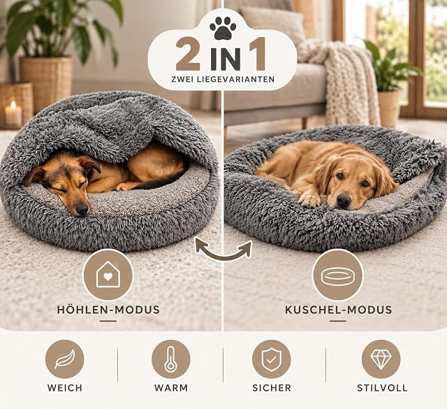 Foto 2 de 8 de Odolplusz Cama redonda para perros y gatos, color gris, diseño de saco de dormir, cama de cueva cálida