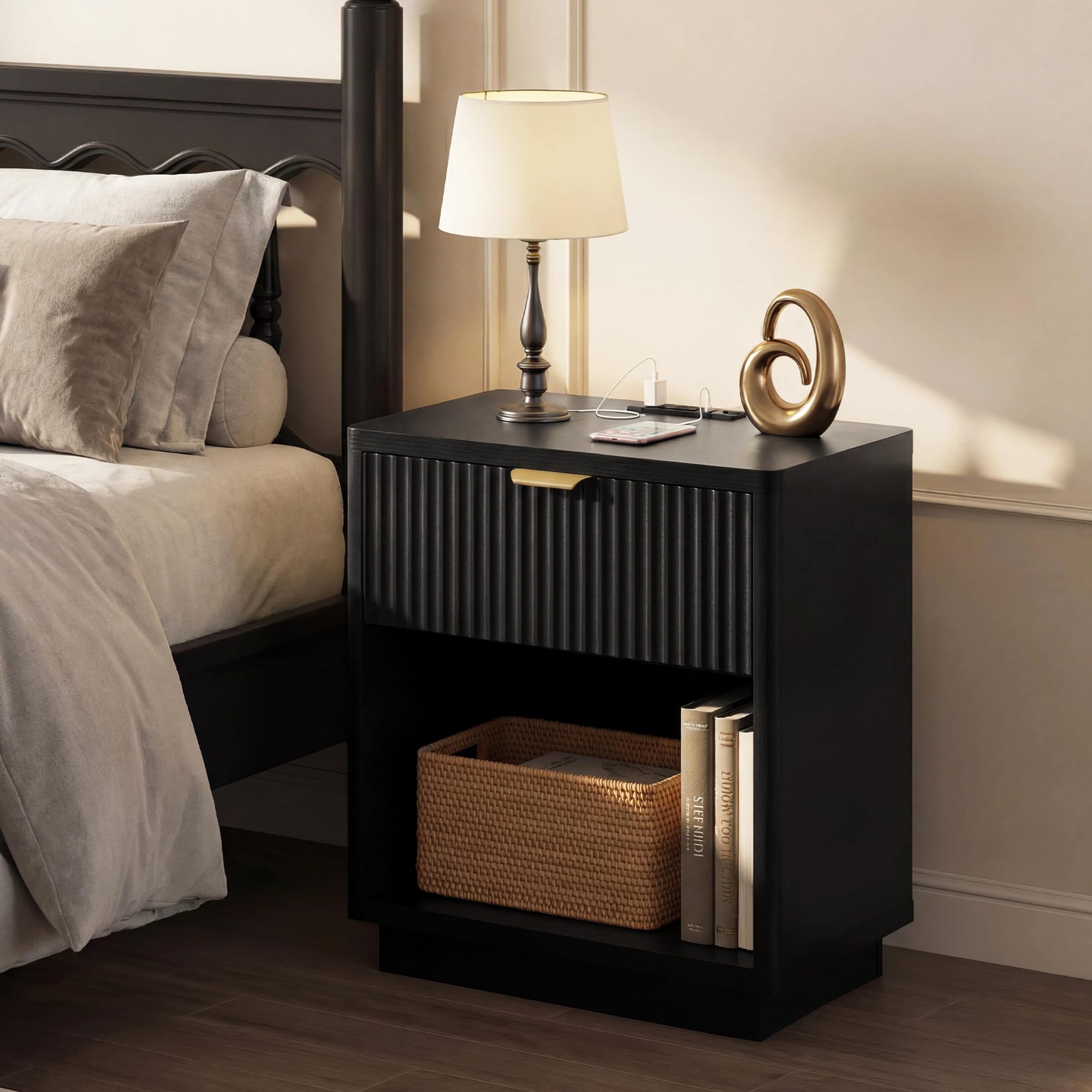 Amazon.com: Nasonet Fluted Nightstand Charging Station,Wood Modern