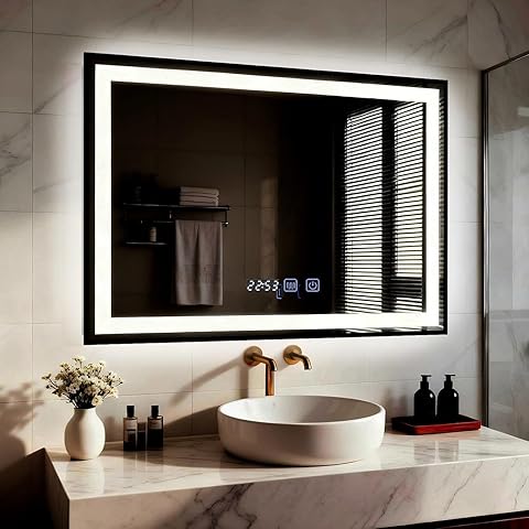 YU YUSING Espejo Baño con Luz Regulable, 80x60cm, Espejo de Pared LED con 3 Colores, Marco Metal, Espejo de Baño con Interruptor Táctil, Antivaho, Visualización Tiempo, IP44, Horizontal Negro