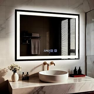 Comprar YU YUSING Espejo Baño con Luz Regulable, 80x60cm, Espejo de Pared LED con 3 Colores, Marco Metal, Espejo de Baño con Interruptor Táctil, Antivaho, Visualización Tiempo, IP44, Horizontal Negro