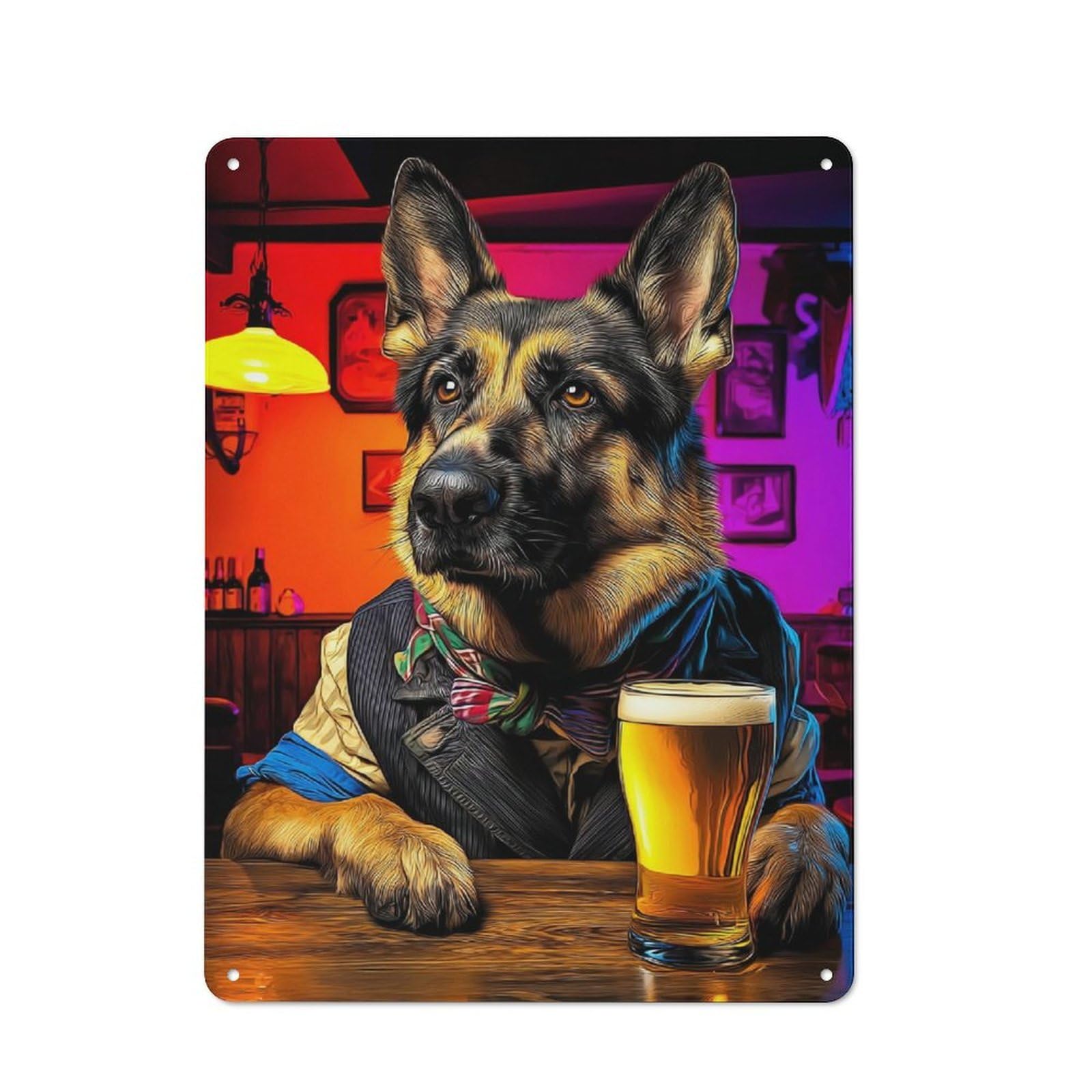 Simple Retro German Shepherd in Bar with Beer Metal Wall Plaque 40x30cm, Creative Space Decor for Office, Study, Studio Or Hallway