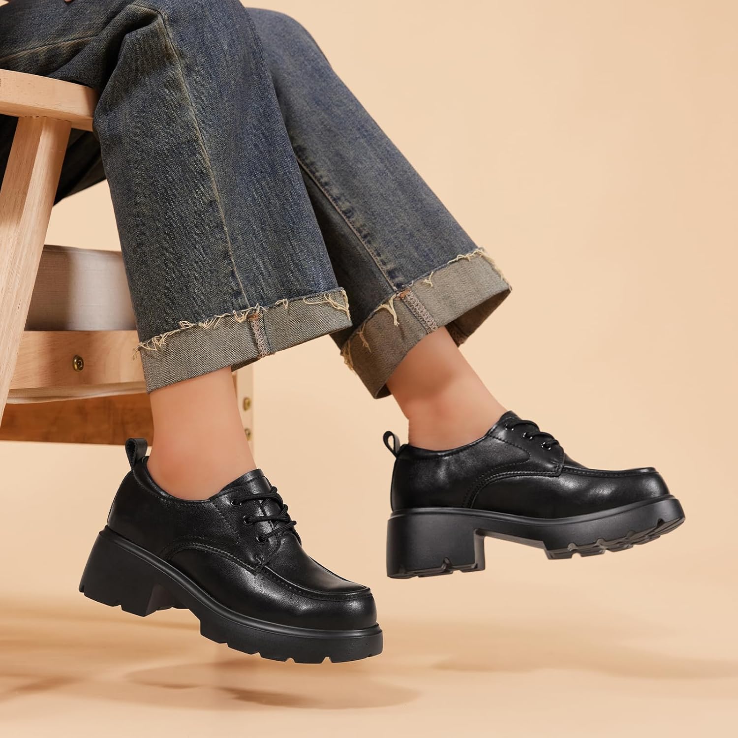 Oxford Shoes for Women Platform Chunky Loafers Lace Up Casual Business Work Shoes - Image 2