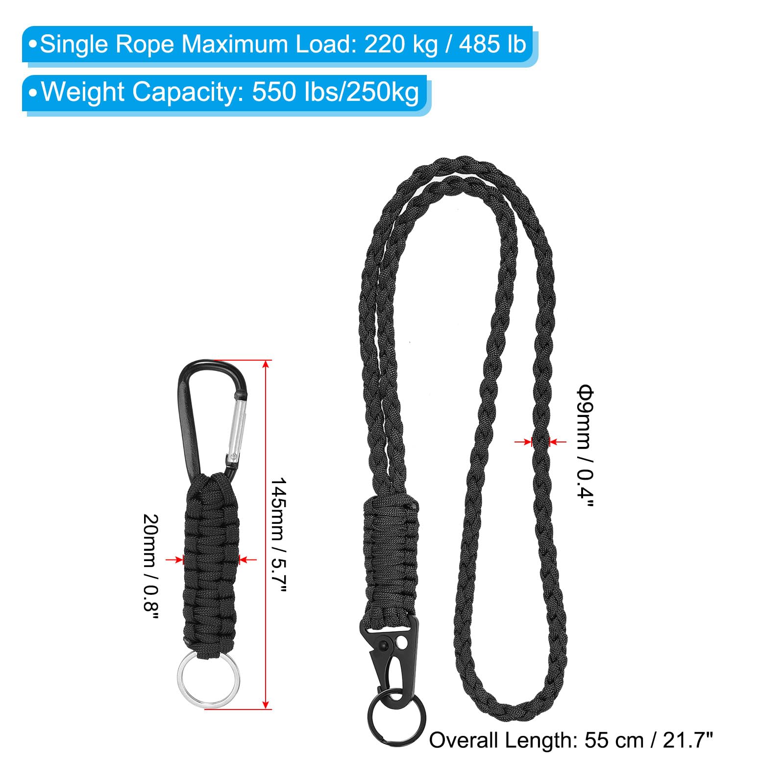 2 Lots De Lanières Porte-Clés Paracorde Uxcell - 20 Pouces - Noir (Set De 2)