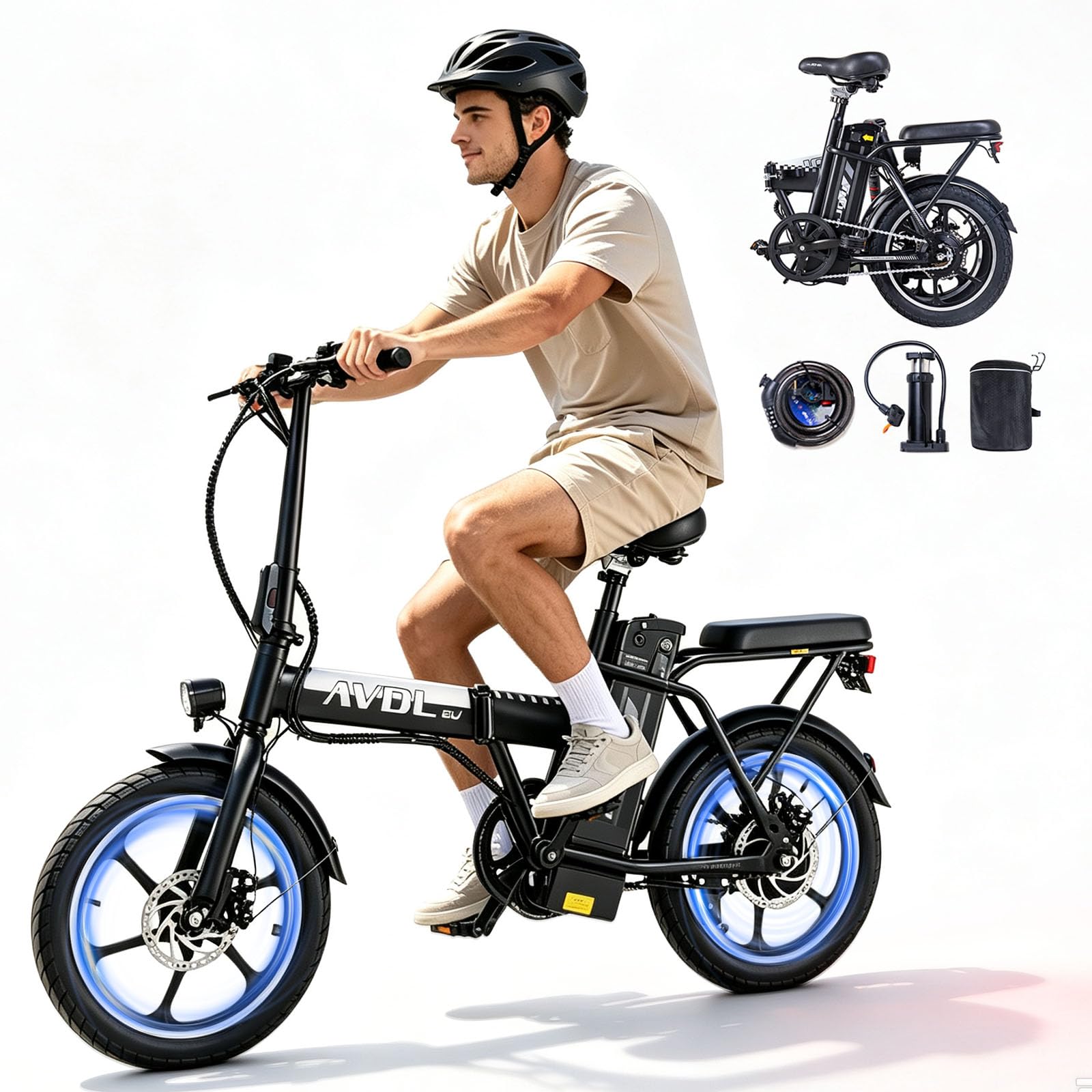 16" Vélo Électrique Pliable Adulte Autonomie 30-50km,Batterie 36V 12.8Ah，250W Vélo électrique 3 Vitesses,Double Frein à Disque,IPX4,VAE Urbain et Loisirs Ebike Unisexe,120KG Load