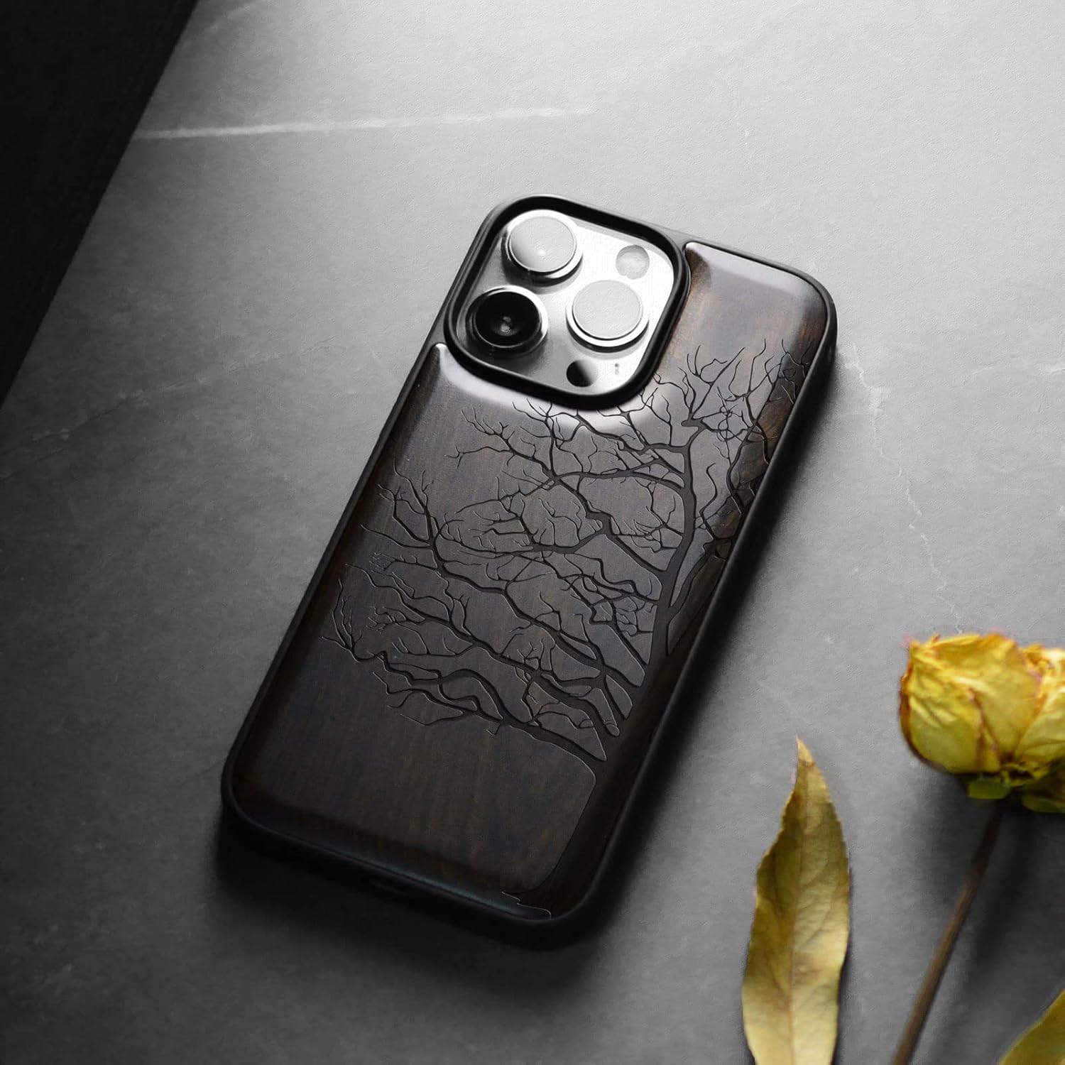 Carveit Magnetic Wood Case for iPhone 14 Pro Case [Natural Wood & Black Soft TPU] Unique & Classy Wooden Shockproof Protective Cover Compatible with magsafe (Eternal Tree -Blackwood)