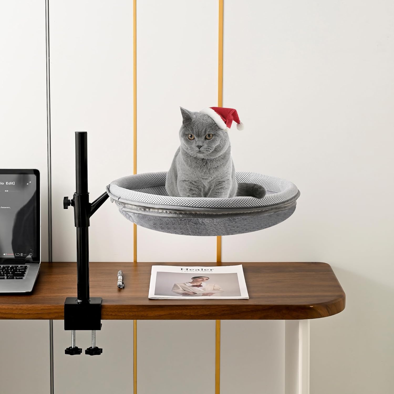 Cat Desk Bed 2 Story - 360°Rotating & Height Adjustable Desks Hammock Beds for Multi Cats Indoor, Furniture for Office Table and Game Tables