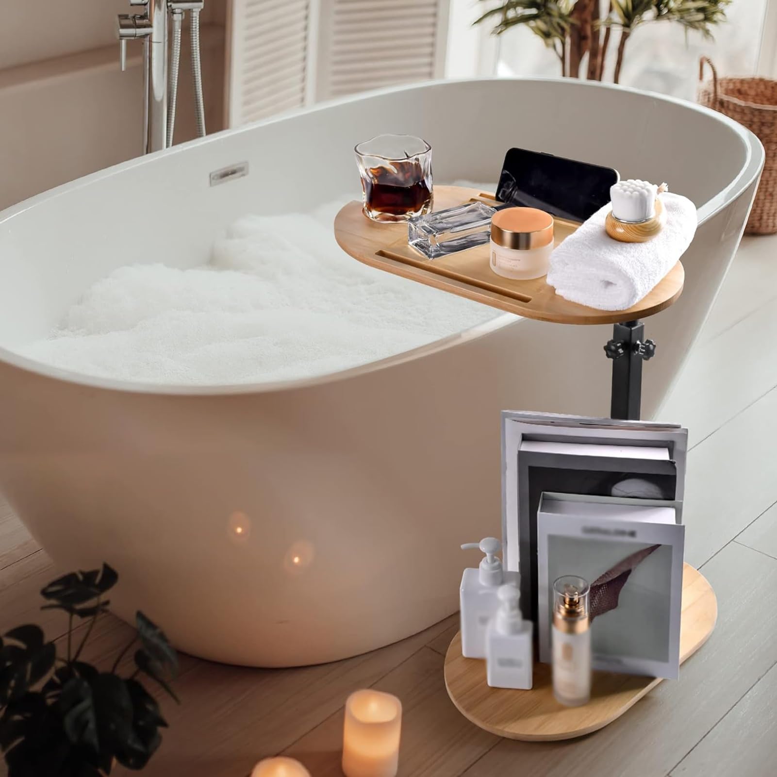 Bandeja de bambú ajustable para bañera con soporte para copas de vino y soporte para teléfono, diseño giratorio, perfecta para el hogar, sofá, cama y baño relajante.