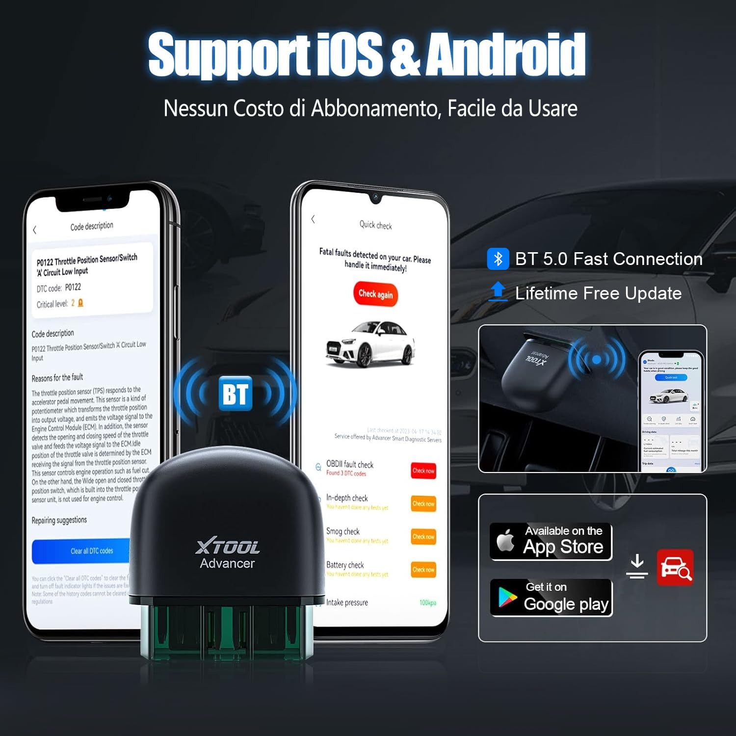 XTOOL AD20 Pro OBD2 Auto Diagnostica Wireless Diagnosi Italiano per iOS e Android, Diagnosi Auto Professionale con Scansione Completa dei Sistemi, aggiornamento a vita