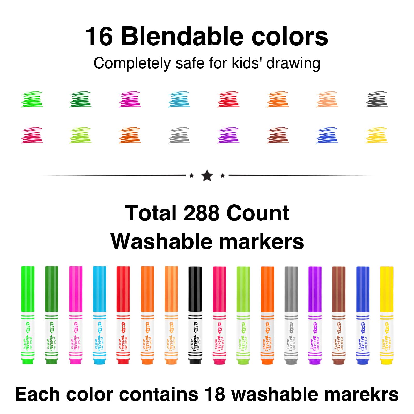 ARLTR Washable Markers Bulk, Bulk Pack of 288 in 16 Vibrant Colors, Broad Line Markers with Conical Tips- Perfect for Kids' Classrooms & Teachers