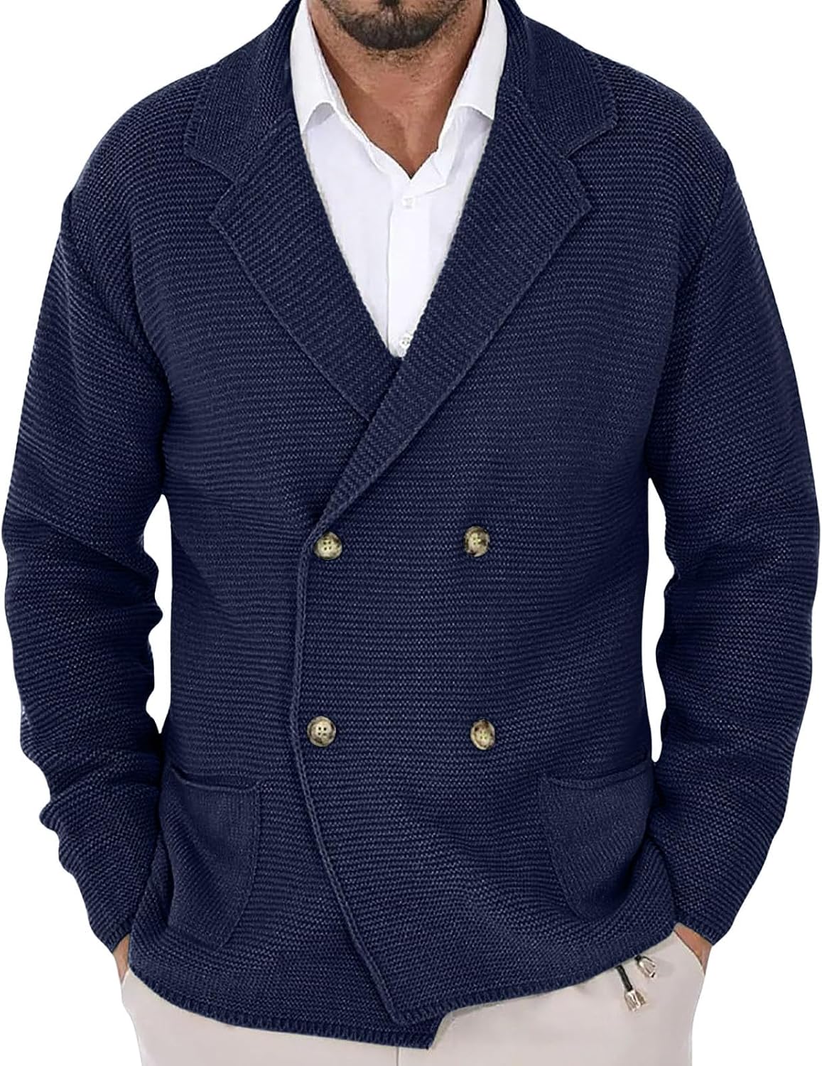 Cambkatl Men's Double Breasted Cardigan Sweater Button Down Long Sleeve Casual V Neck Knitted Sweaters with Pockets