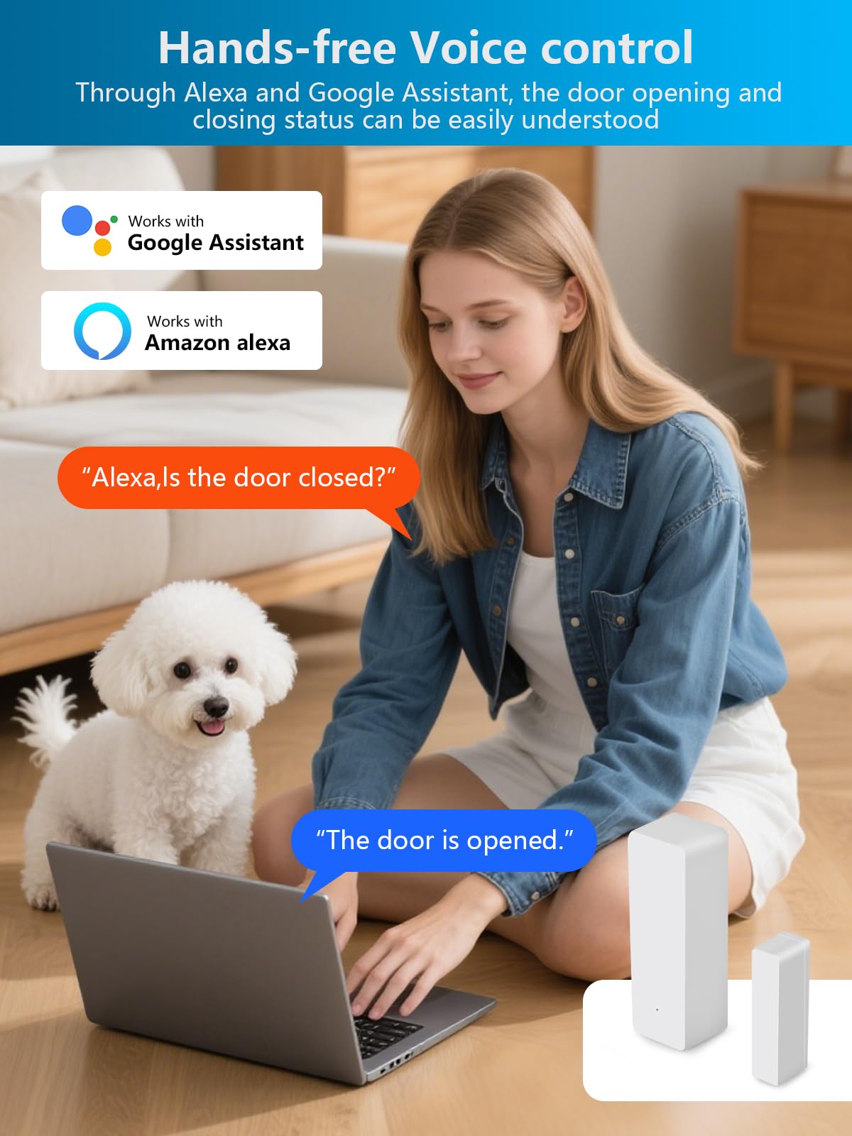 Capteur de porte WiFi, capteur de fenêtre intelligent sans fil, compatible avec Alexa et Google Assistant, notifications en temps réel, installation facile, pas de hub nécessaire