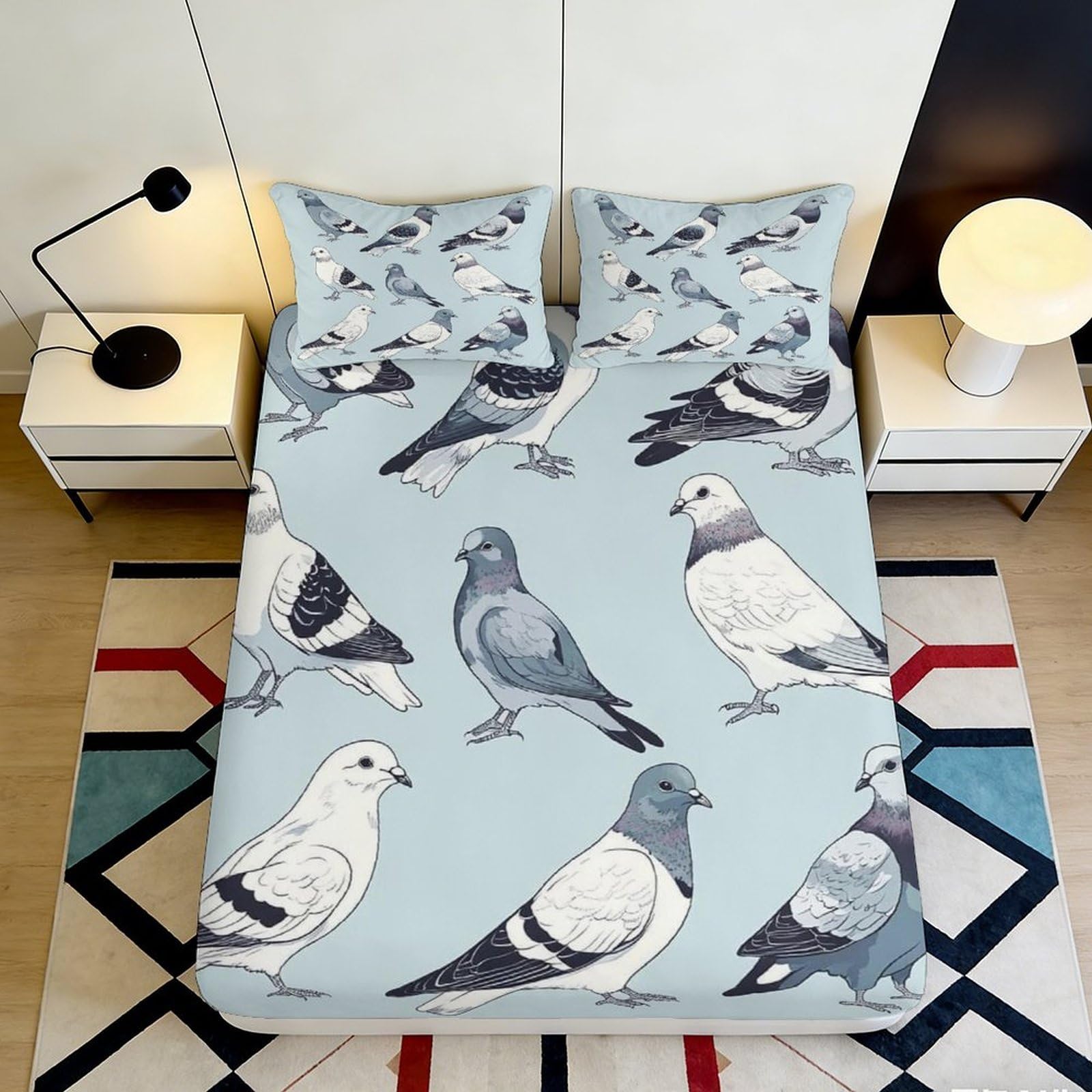 3D Printed Pigeon Illustration Fitted Sheet Microfiber Anti-Slip Bedroom Decor Bird Pattern Mattress Cover 90x200x25cm