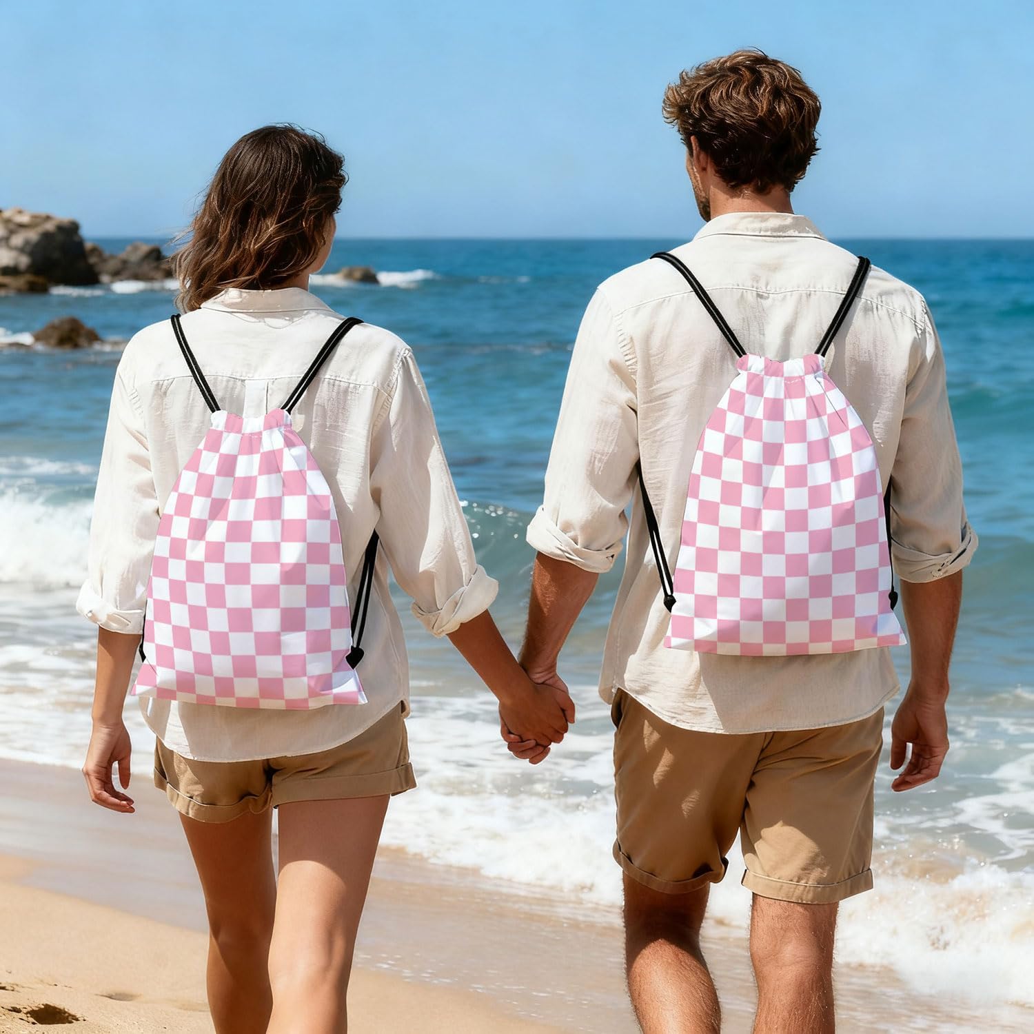 Pink Checkered Dual-Sided Print Drawstring Bag