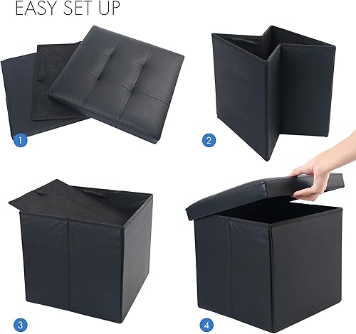 Miniatura 6 de LotFancy Otomana de almacenamiento, taburete plegable para reposapiés, banco pequeño de cuero de 13 x 12 x 12 pulgadas con almacenamiento, soporta