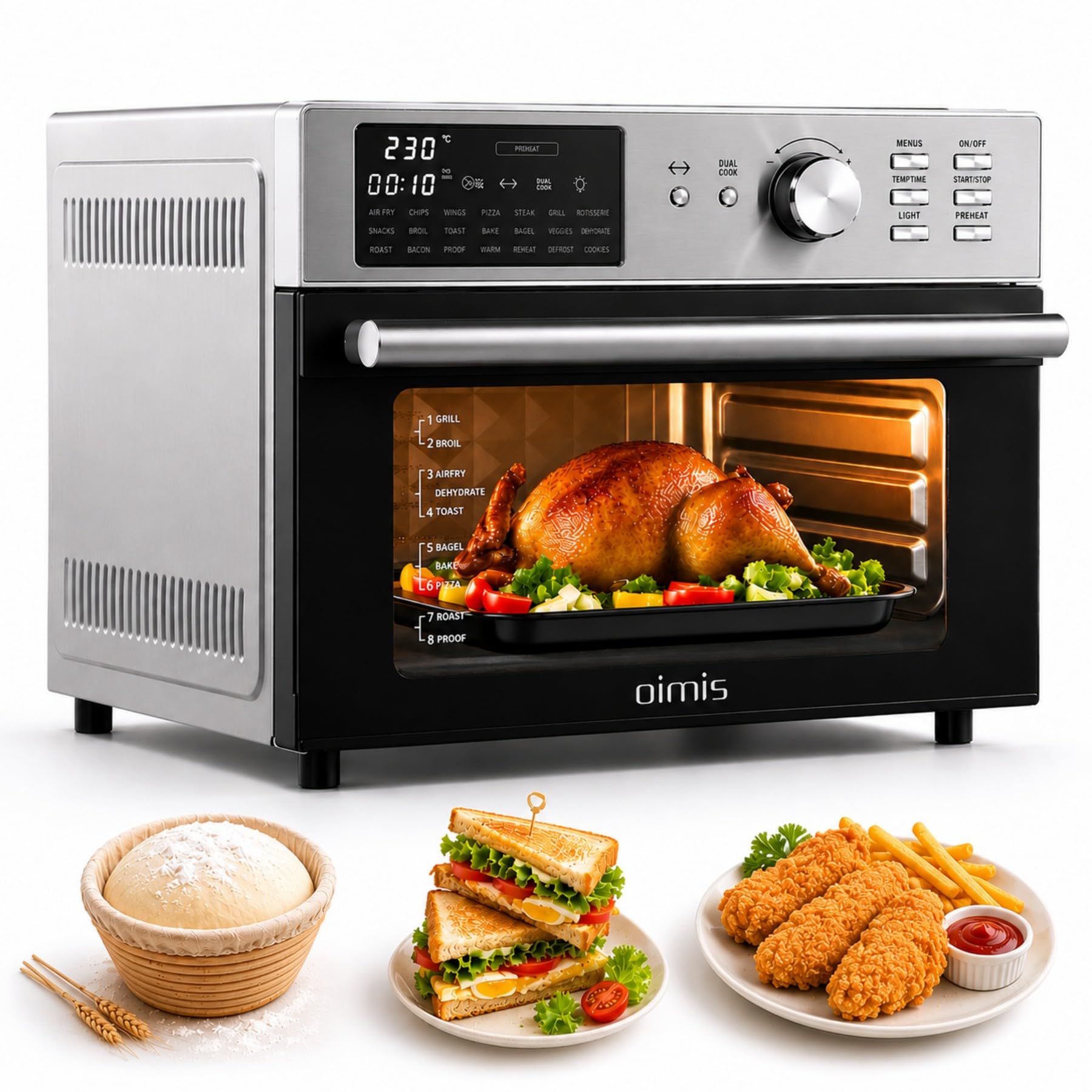 Heißluftfritteuse xxl 30°C-230°C, Mini backofen mit Umluft, 1800W Air Fryer Ofen, Große Kapazität für Familie mit Tür, Rotisserie, Grill, Joghurtbereiter Toaster Dörrautomat mit Dual Cook (Silber)