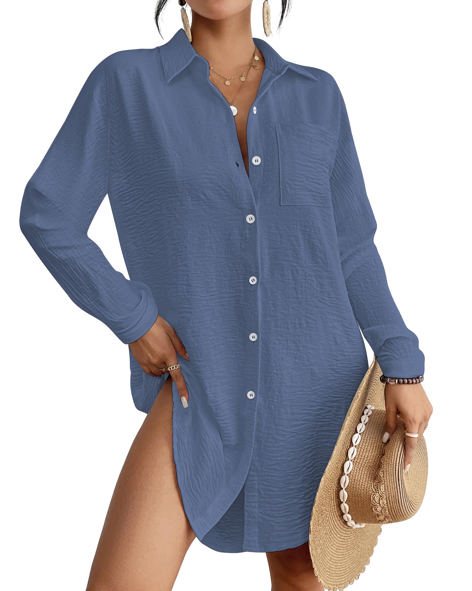 Bsubseach Swimsuit Coverup for Women Button Down Beach Cover Ups Long Sleeve Shirt Dress Modern Blouse Top