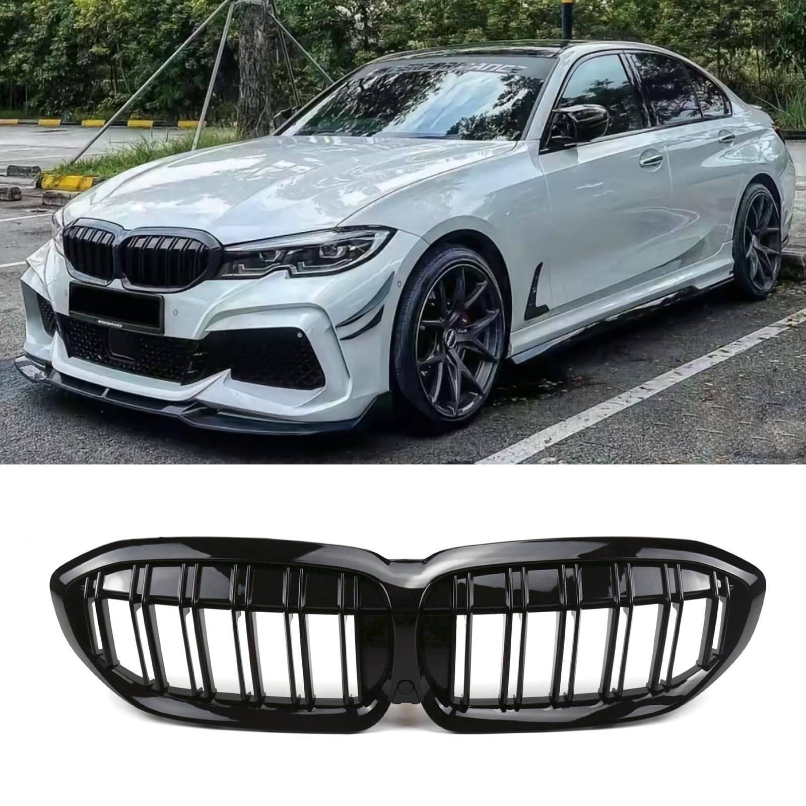 G20 Kühlergrill für BMW 3er G20 G21 Schwarze Nieren kamera PRE Sport Grill Vorne Nieren Doppelsteg Grill 2019-2022 Glanz Schwarze (For 3er G20 2019-2022 PRE)