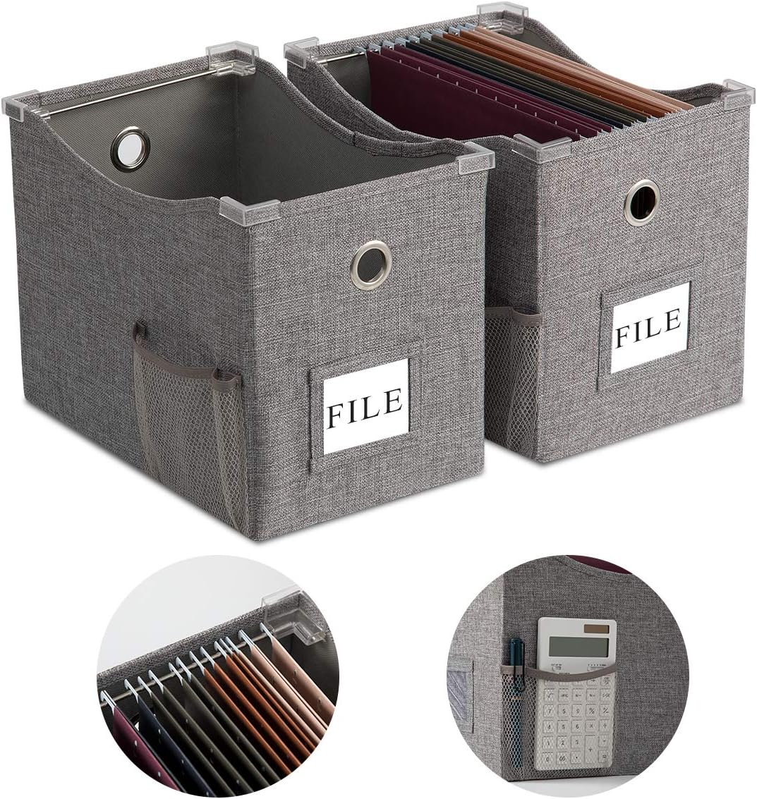 Linen File Boxes with Metal Sliding Rail For Letter Size [2pack] File Storage Box with Extra Pocket Storage Collapsible Hanging File Storage Organizer Storage Filing Boxes File Organizer Box
