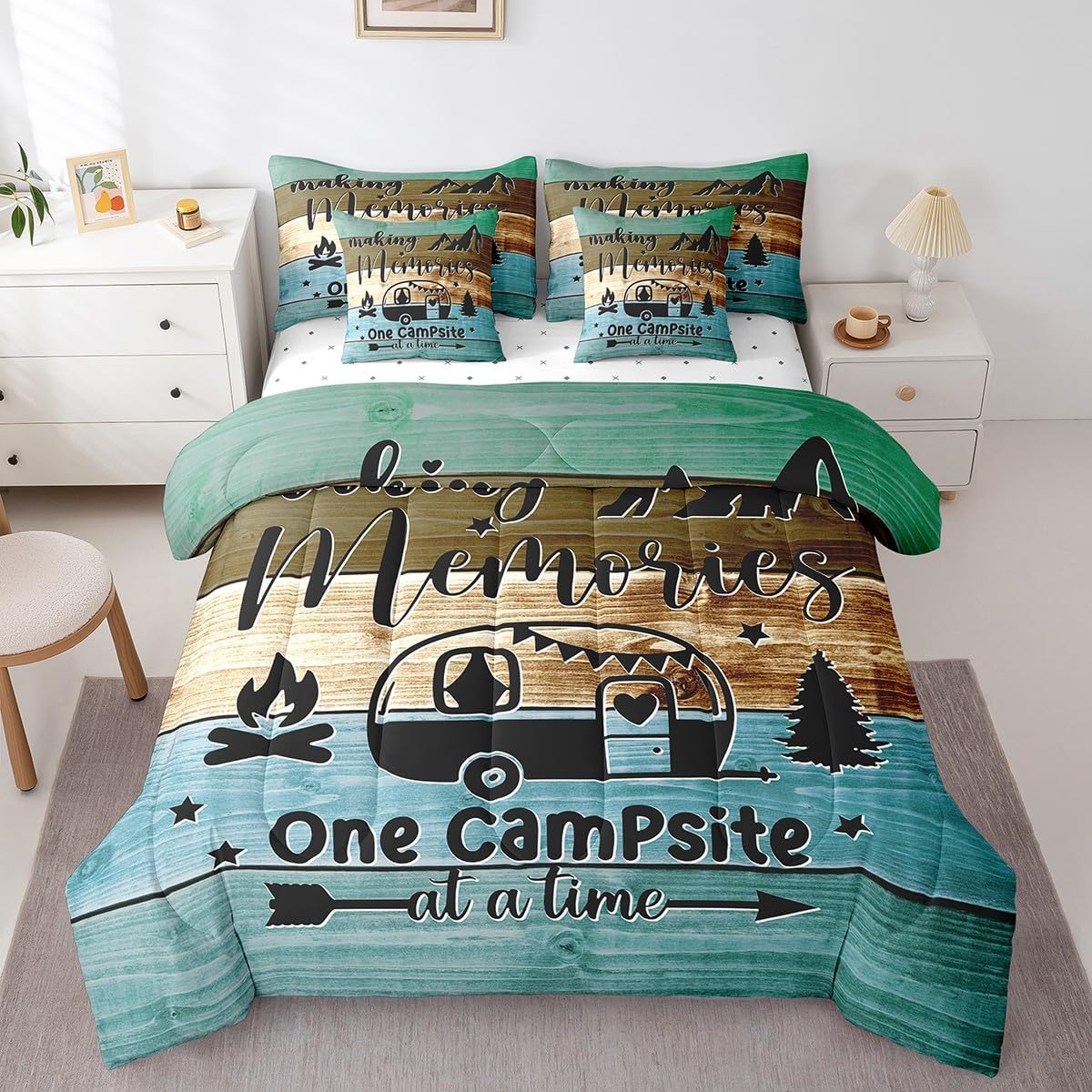 Feelyou Kids Camper Queen Size Comforter Set with Sheets Happy Camping 7 Pieces Bedding Set for Boys Girls Teens RV Decorations Vintage Wooden Planks Bed in a Bag Rustic Farmhouse Style Bed Set