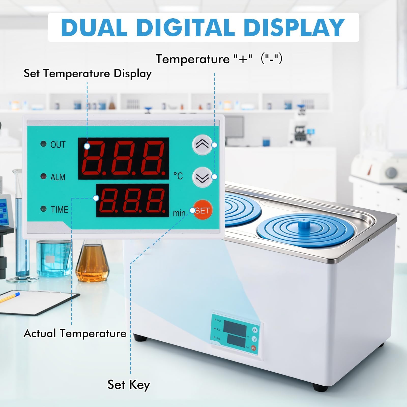 Digitaler Wasserbad-Heizstrahler mit Timer und Temperaturregelung, Edelstahl-Auskleidung und Schutzhülle, 3 l für Laborgebrauch, Anti-Trockenbrennfunktion