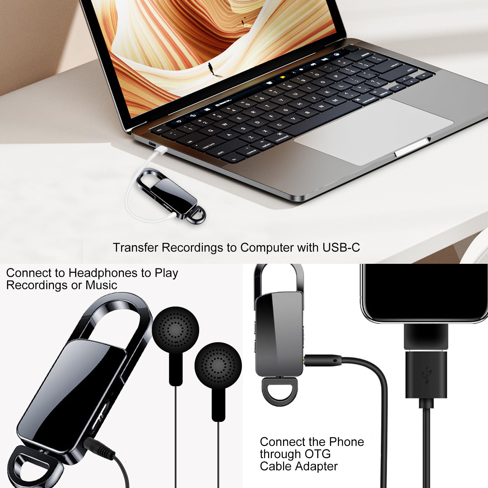 Mini dyktafon 128 GB, z potrójną redukcją szumów, pamięcią audio 1500 h i 8 godzin pracy baterii na spotkania, wykłady, wywiady