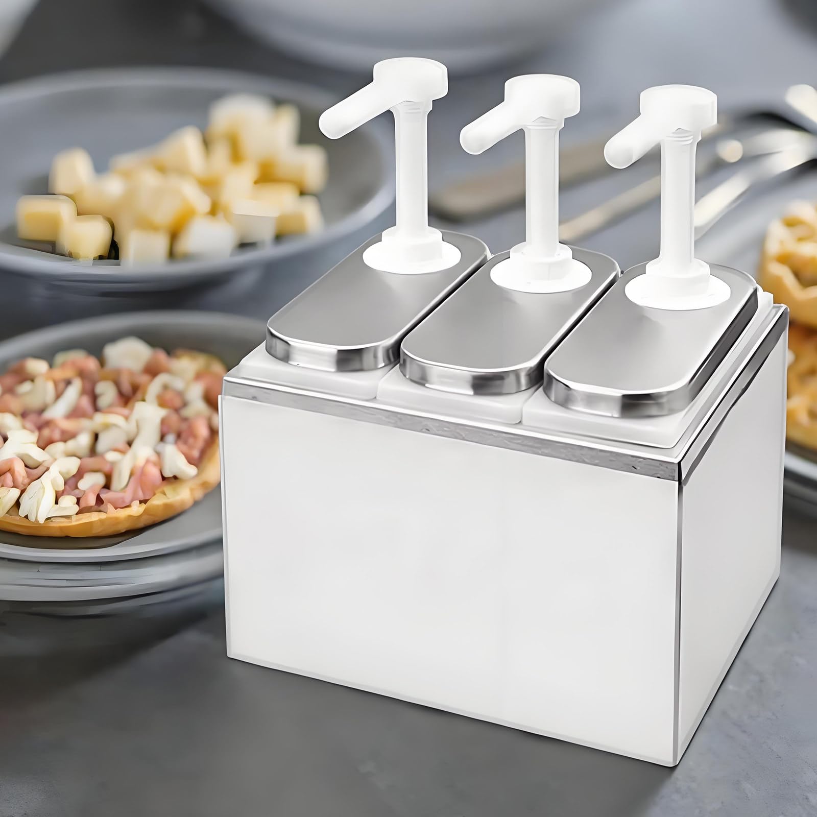 Dispenser per sciroppo a mano in acciaio inox, erogatore a pompa per cucina e uso commerciale, stazione multifunzionale per olio da cucina con grande capacità, 4 pompe e bottiglia da 2 l