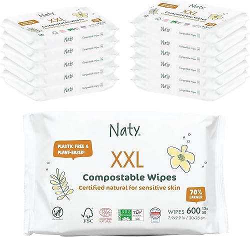 Naty Toallitas compostables XXL para bebé, sin perfume, 100% a base de plantas, sin plástico, sin fragancia, hipoalergénicas para pieles sensibles y