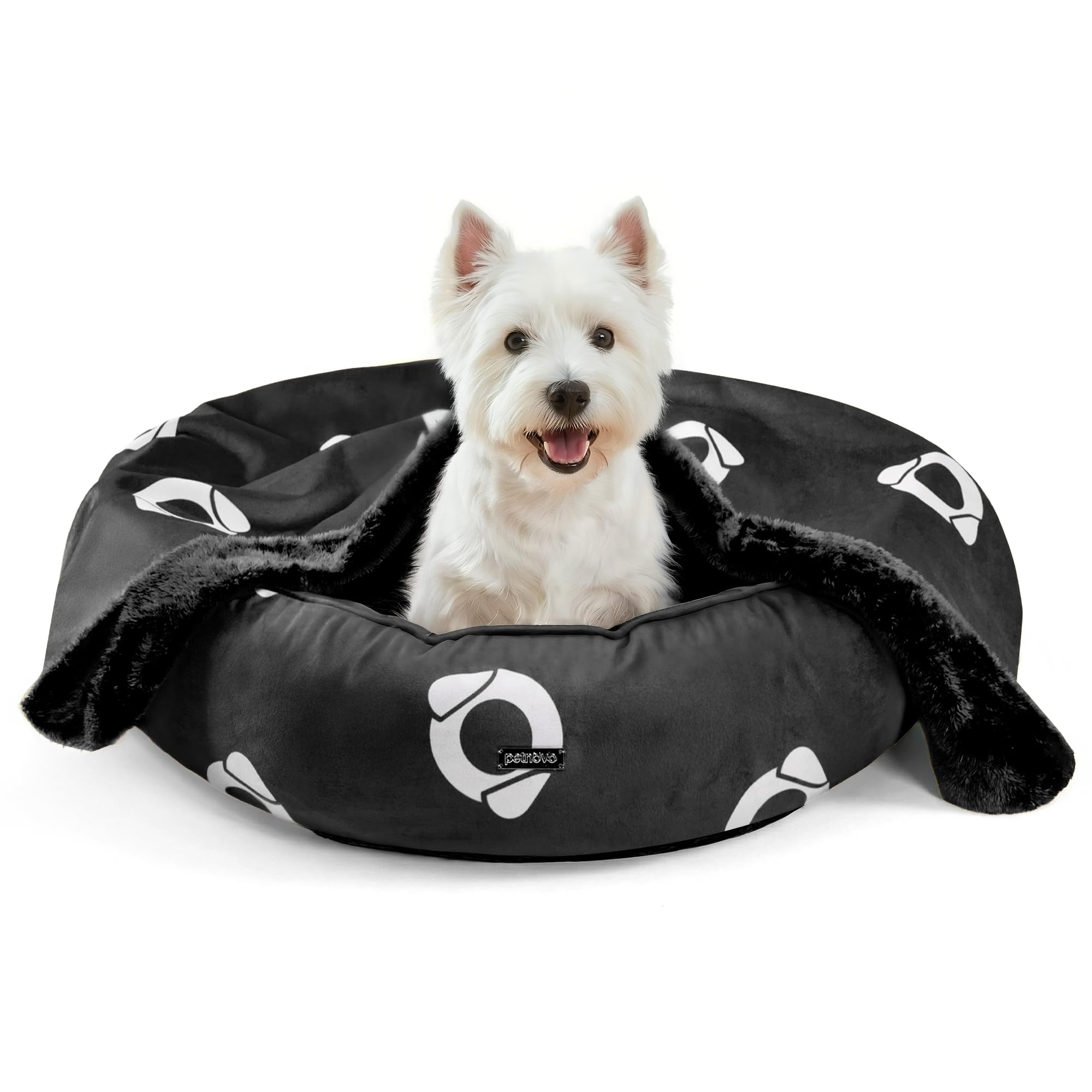 PETNOVO Dog Bed and Cat Bed with Blanket, Zippered Removable Cushion with Non-Slip Bottom, Indoor Pet Sofa Bed for Cats, Kittens, Puppies and Dogs, Black, 70 x 70 x 20cm
