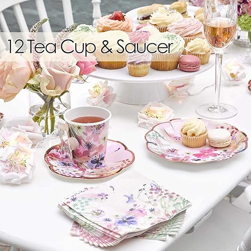 Miniatura 3 de Juego de 12 tazas y platillos de papel floral rosa | Decoración de mesa para fiesta del Día de la Madre | Vajilla desechable para cumpleaños, fiesta