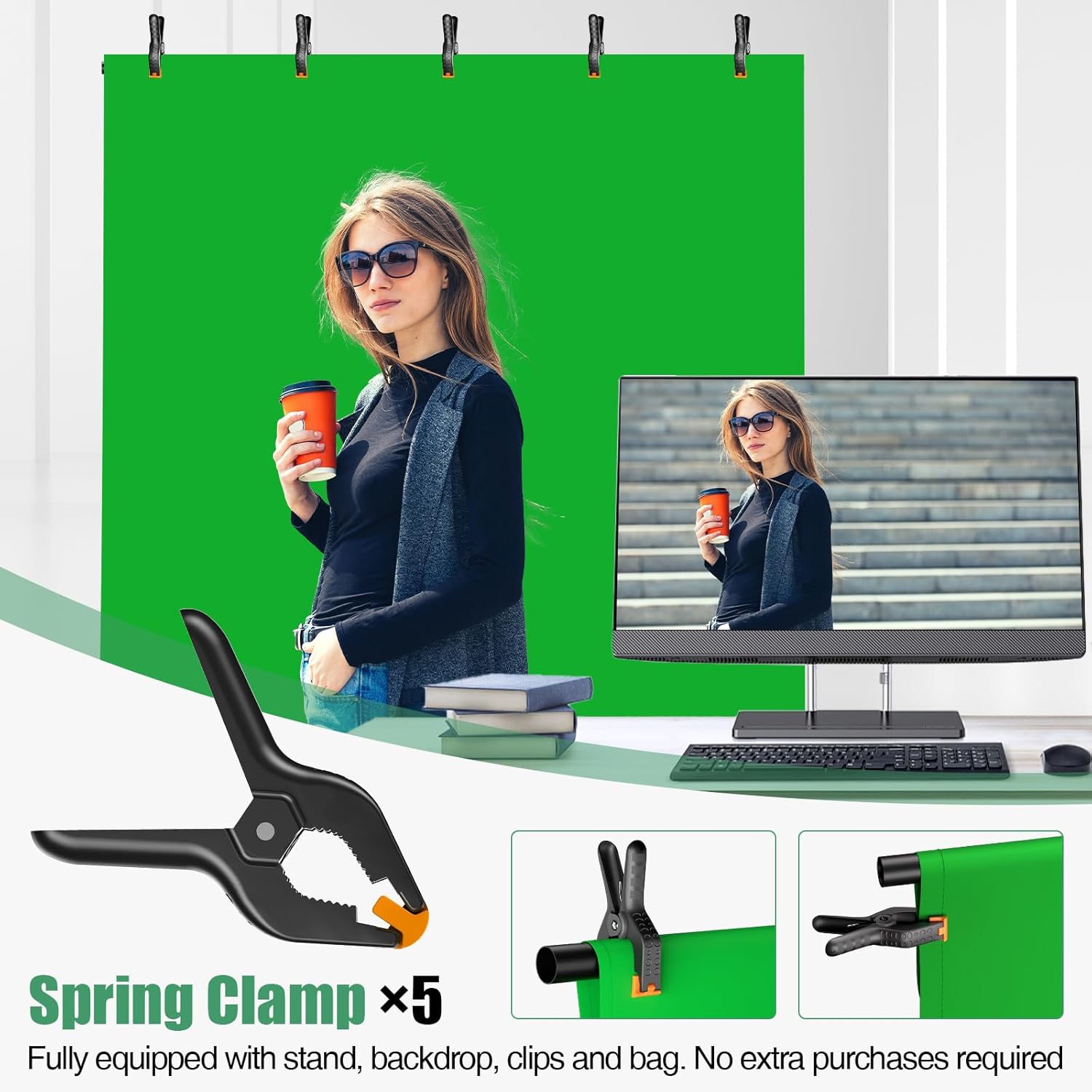 Green Screen Backdrop Kit, 5×7ft Portable Greenscreen Background with Adjustable T-Shaped Stand, 5 Clamps, Carrying Bag for Parties, Streaming, Photography, Zoom, Gaming, Video Studio