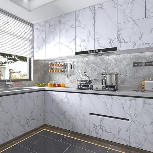 Miniatura 4 de Papel adhesivo de mármol gris mate de 15.7 x 78.7 pulgadas, película de vinilo autoadhesiva, extraíble, impermeable, para encimera, gabinete, cocina