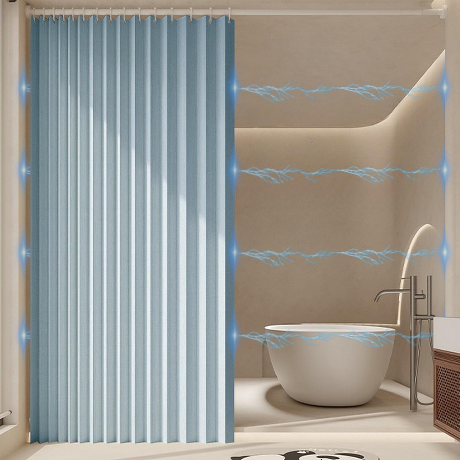 Tenda da doccia pieghevole impermeabile con ganci in tessuto spesso antimuffa a fisarmonica magnetica per bagno 280 g/m² azzurro 150 x 200 cm