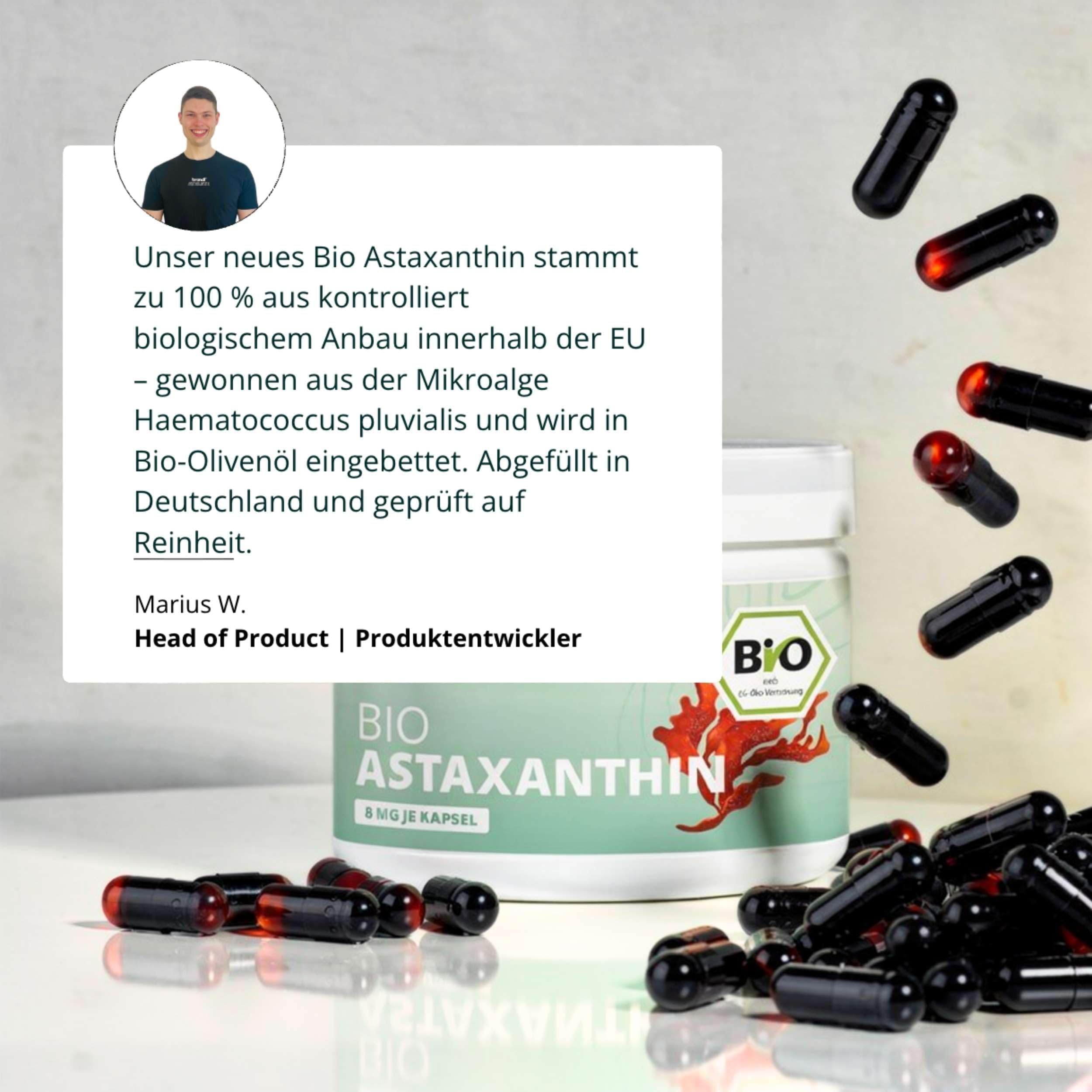 Astaxanthin hochdosiert Bio Kapseln mit Antioxidantien - 90 vegane Astaxanthinkapseln je 8 mg bio Astaxanthin brandl® - ohne Zusatzstoffe, abgefüllt in Deutschland Premium-Qualität, laborgeprüft