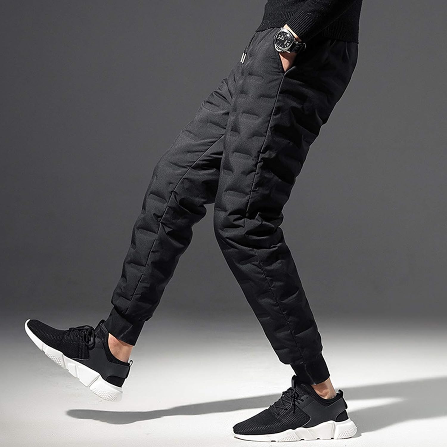 ANUFER Mens Winter Warm Duck Down Filled Snow Pants Water-Resistant Outdoor Sweatpants with Zipper Pockets