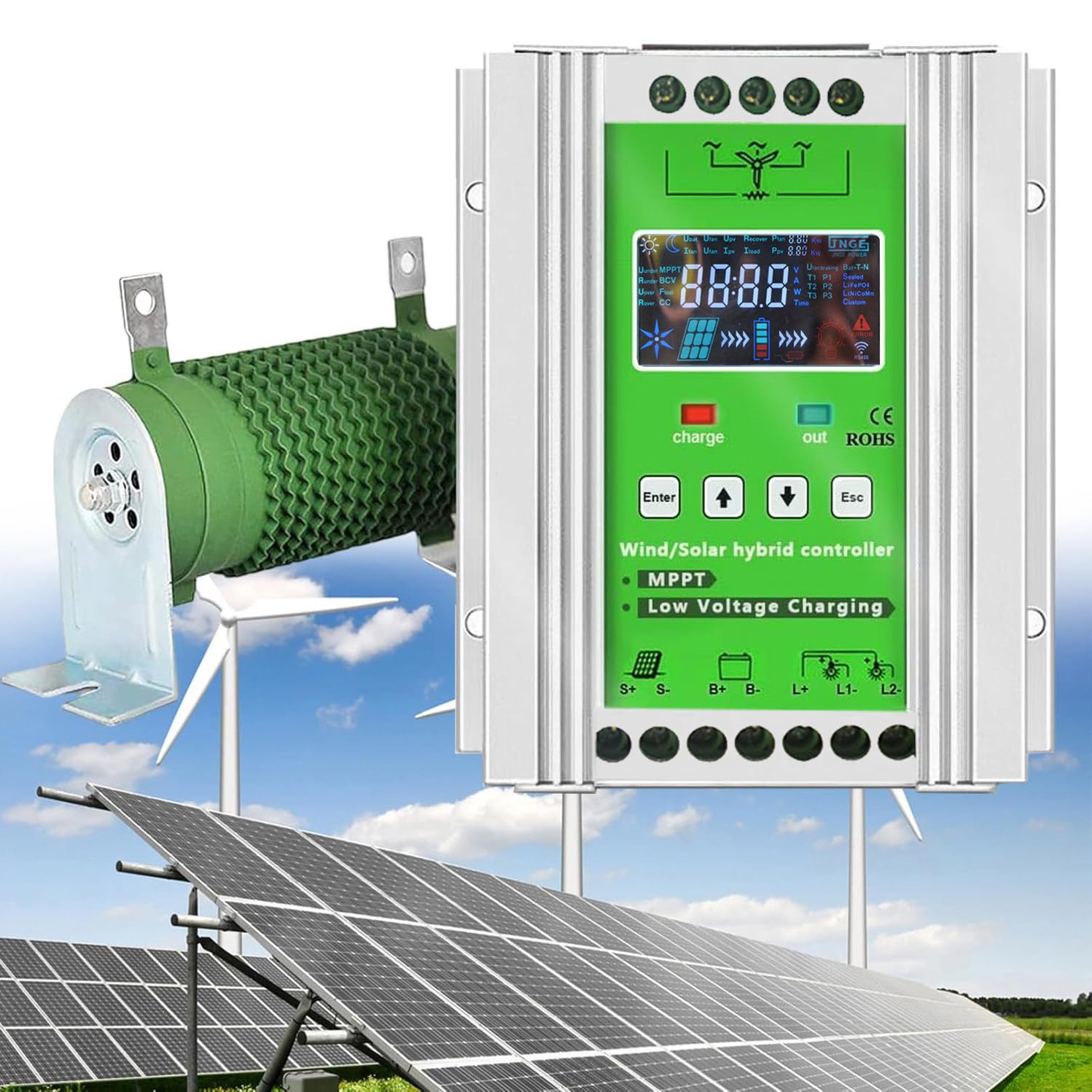 12V/24V/48V Wind-Solar-Hybrid-Laderegler, LCD-Display Wind-solar-hybrid-laderegler Mppt-Boost-Aufladung für Wind & Solarpanel System, mit Booster Dump Load Funktion,Wind500W+Solar600W-Auto12/24/48V