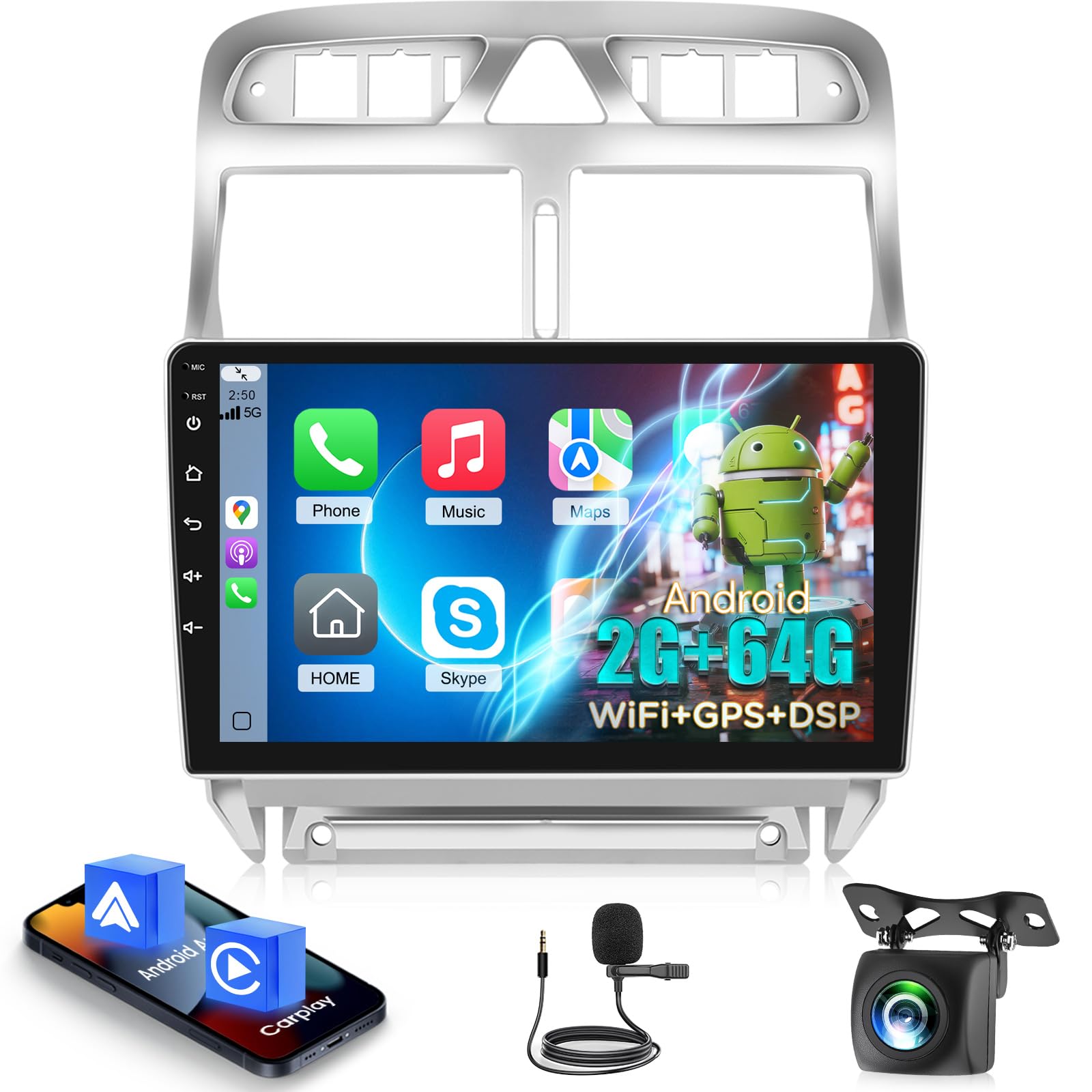 Radio Android 2+64GB para Peugeot 307 2002-2013, Pantalla Táctil IPS 9 Pulgadas con CarPlay & Android Auto Inalámbrico, GPS WiFi Bluetooth DSP + Cámara de Marcha Atrás & Micrófono