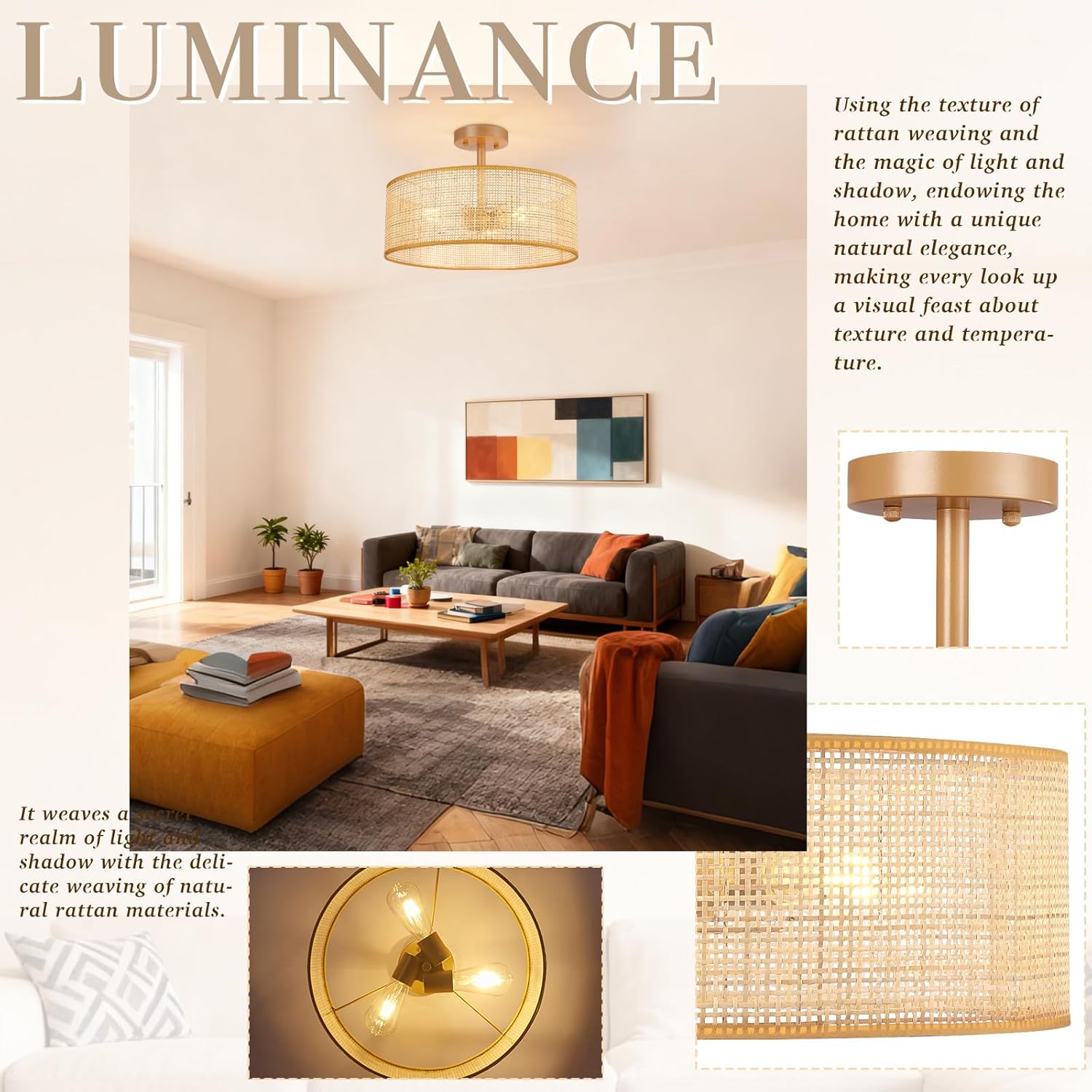 Hamilyeah Boho Drum Ceiling Light Fixture Flush Mount with Woven Shade, Gold 16 inch Light Fixture Ceiling Mount Wicker Shade, Bamboo Rattan Light Fixtures for Living Room, Bedroom Dining Room