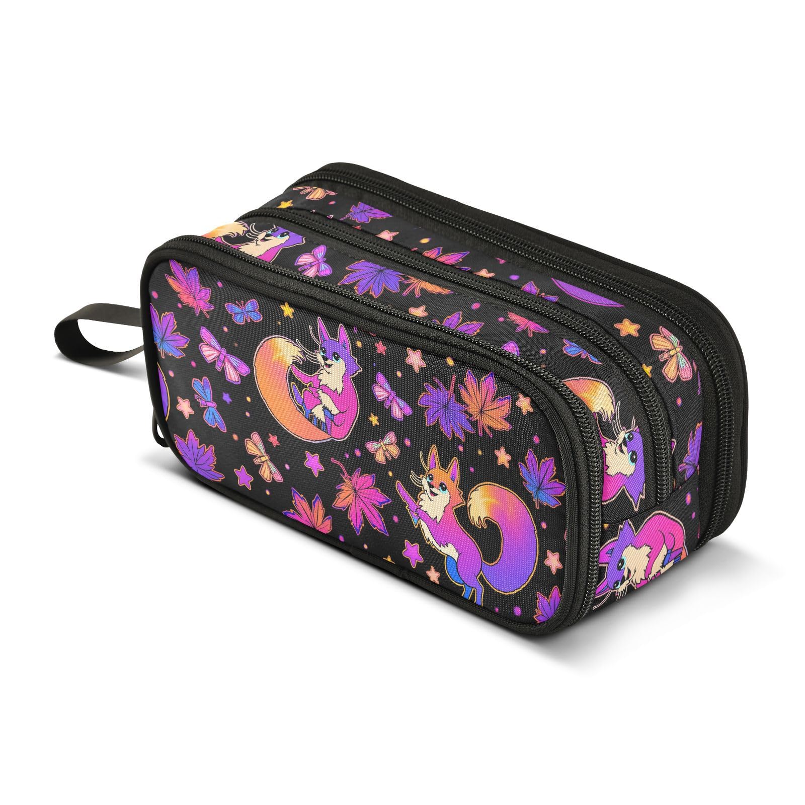 BOENLE Purple Psychedelic Fox Cat Pencil Case Box Boys Girls Large Pencil Pouch with Zipper Compartments Big Capacity Stationery Pen Bag Organizer for Kids Teens Adults School