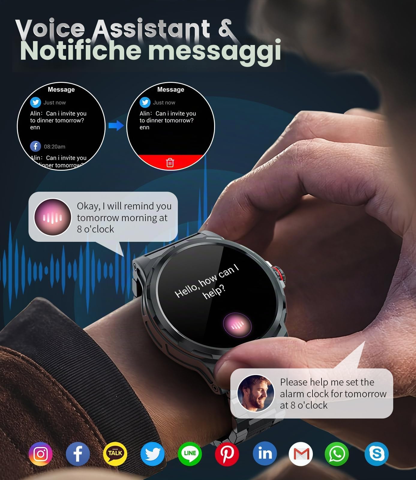 Militare Smartwatch Uomo, 1,43" Display AMOLED con Chiamate Bluetooth, 3 Cinturini, Impermeabile IP68, Monitoraggio della Frequenza Cardiaca/Sonno, 120+ Modalità Sportive Android e iOS, Argento