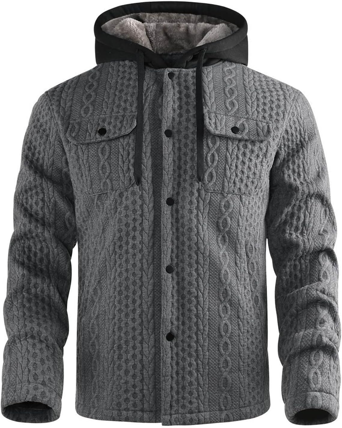 Mens Fleece Jacket Fleece Lined Casual Button Down Textured Hooded Coat Comfy Fall Winter Warm Outwear with Pocket