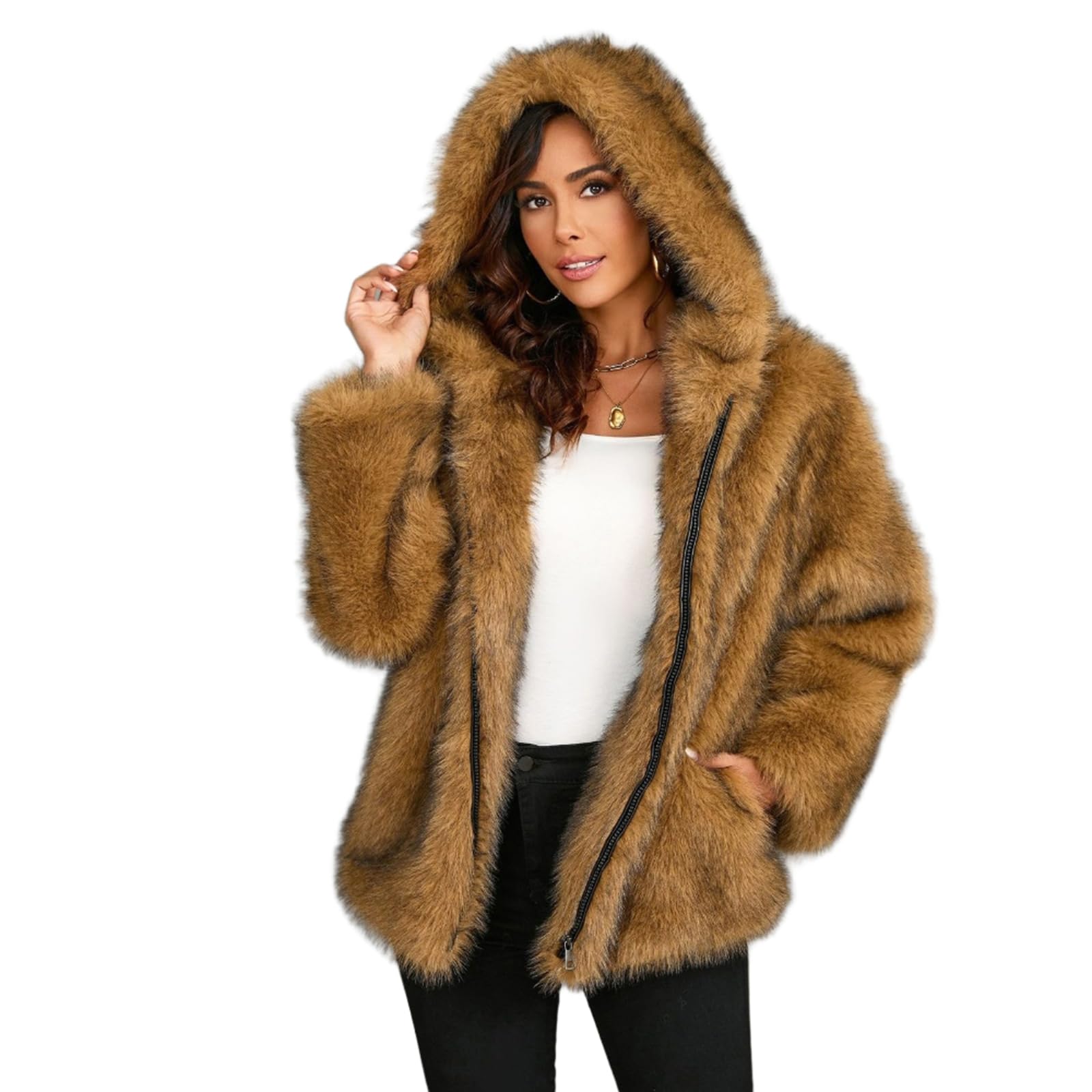 Donna Cappotto in Pelliccia Sintetica Elegante Giacca Maniche Lungo Giubbotto Invernale Parka con Cerniera e Cappuccio