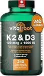 Vitamine D3 + K2 Supplément (8-Month Approvisionnement) – 1000 IU D3 avec 120mcg K2 MK7. Vitamine D avec K2 pour les os, les dents & Soutien immunitaire. Vegan, non-OGM, fabriqué au Canada