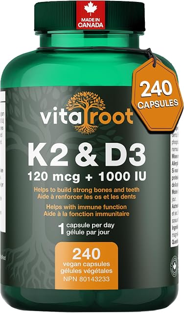 Vitamine D3 + K2 Supplément (8-Month Approvisionnement) – 1000 IU D3 avec 120mcg K2 MK7. Vitamine D avec K2 pour les os, les dents & Soutien immunitaire. Vegan, non-OGM, fabriqué au Canada
