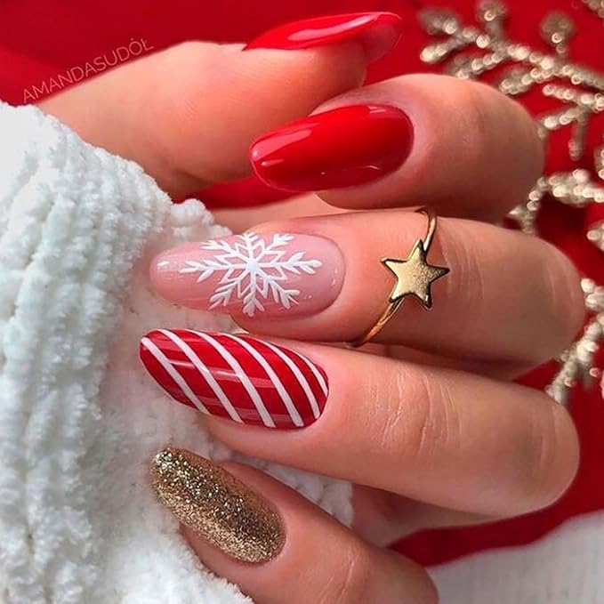 Candy Cane Glitter Glossy Glue on Nails
