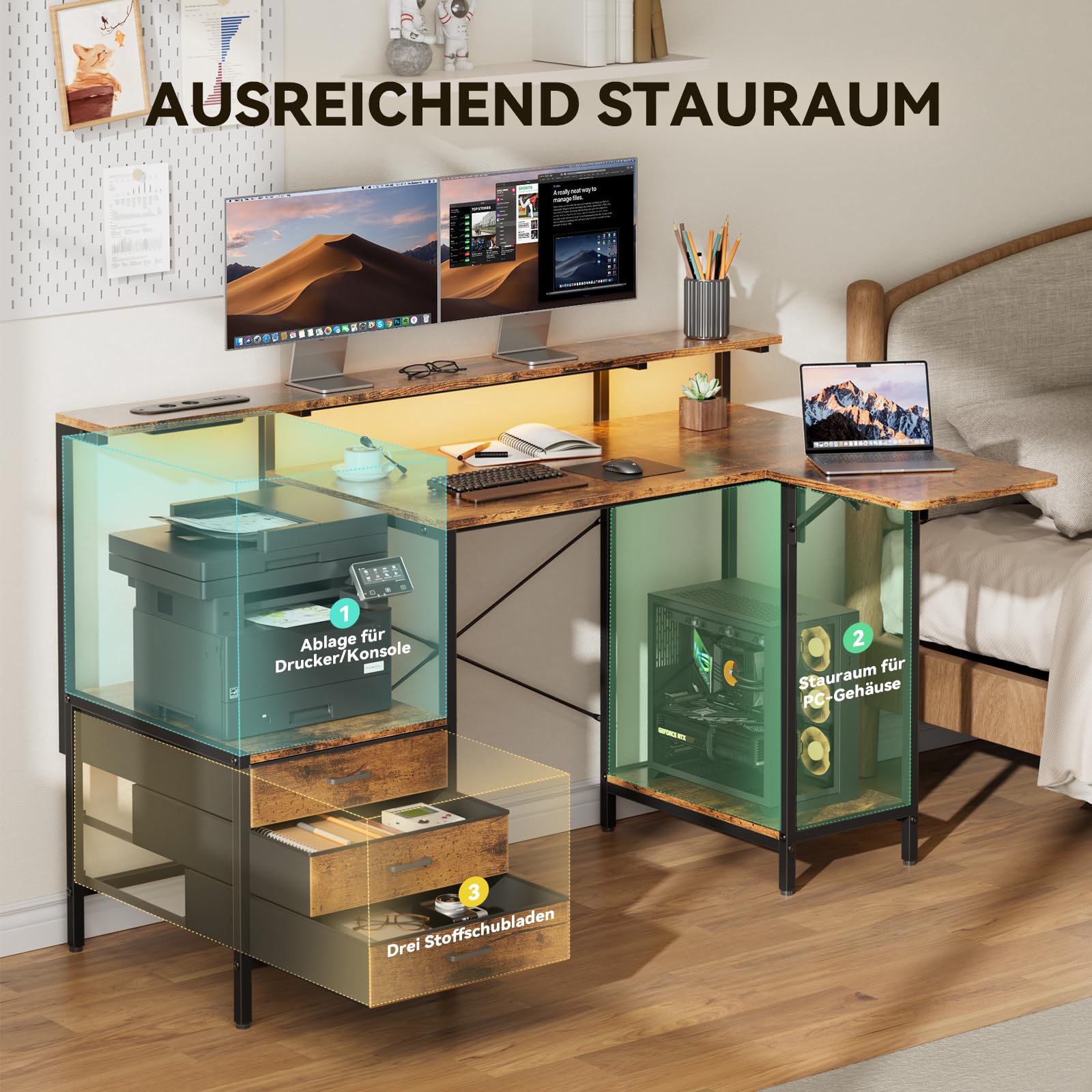 HLONONE Biurko komputerowe z szufladami i diodami LED, 140 x 85 cm, biurko narożne z gniazdkiem, stół komputerowy z miejscem do przechowywania i półką na monitor, do domowego biura, brązowy