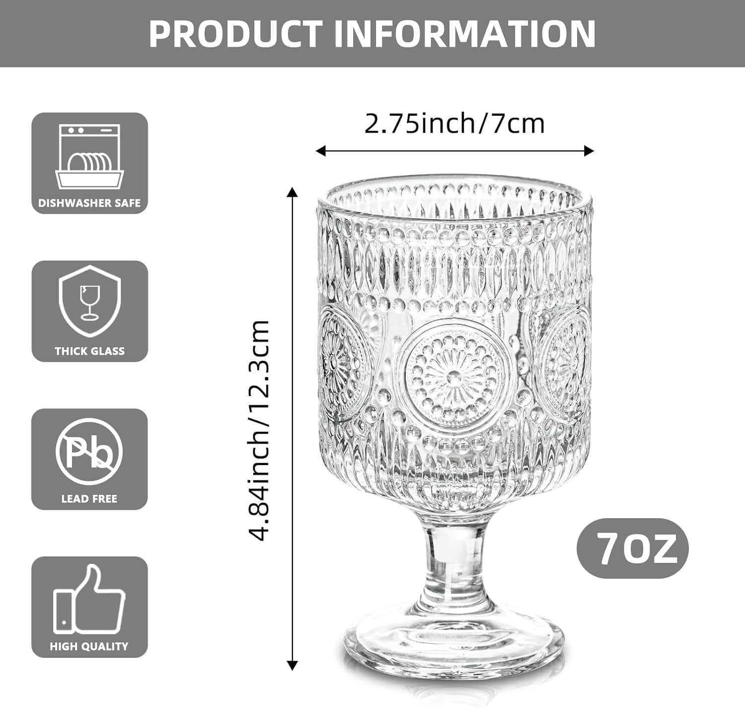 Romantic Vintage Goblet Glasses of 4, Charming Vintage Embossed Floral Decorative Glass Cups Set, Mixed Drink Glasses, for Bars, Restaurants, Party, and Elegant Dinners, 7 oz Wine Glasses - Image 2
