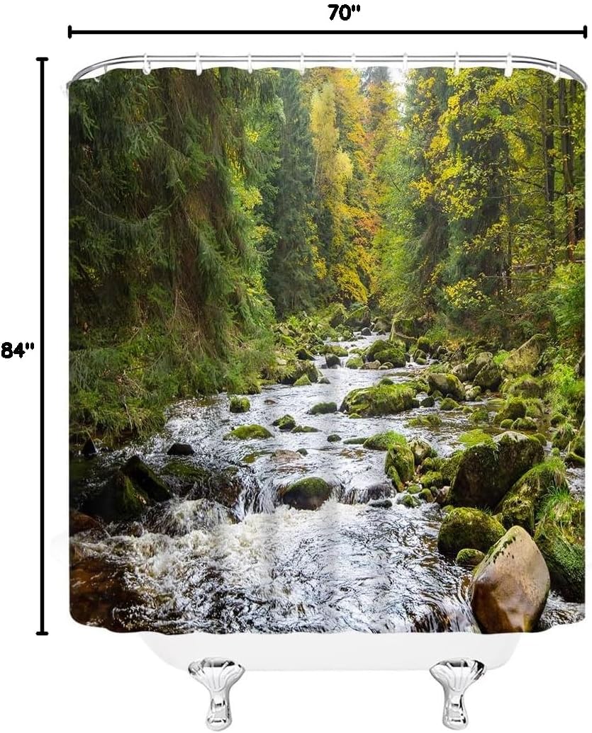 Mountain Shower Curtain Mountain Forest Stream Pines Trees Nature Landscape Scenery Outdoor Theme Fabric Bathroom Decor with Hooks(84" Wx70 H)
